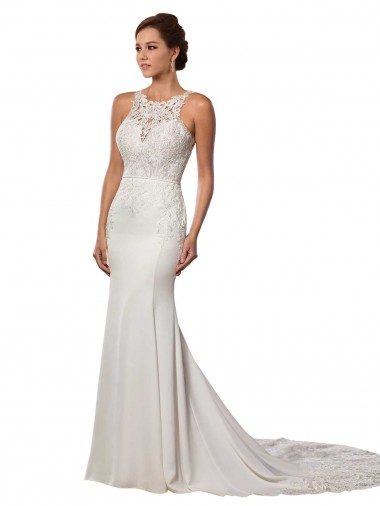 Lace High Neck V-Back Sheath Ivory Modern Wedding Dress Manchester