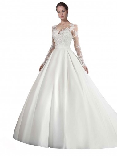 Satin & Lace Illusion Neck A-Line White Wedding Dress Manchester