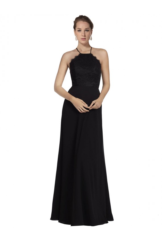 Soft Chiffon & Lace Halter Neck Keyhole Back A-Line Black Bridesmaid Gown Manchester