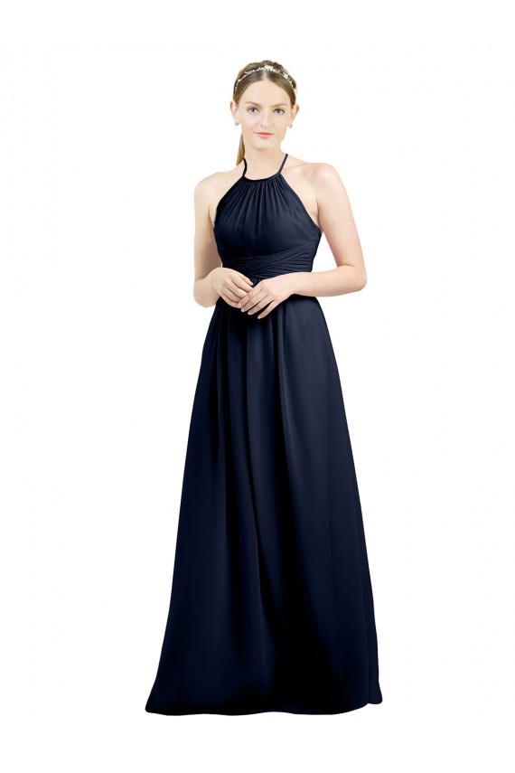 Soft Chiffon High Neck Open Back A-Line Dark Navy Evening Gowns / Bridesmaid Dress Manchester