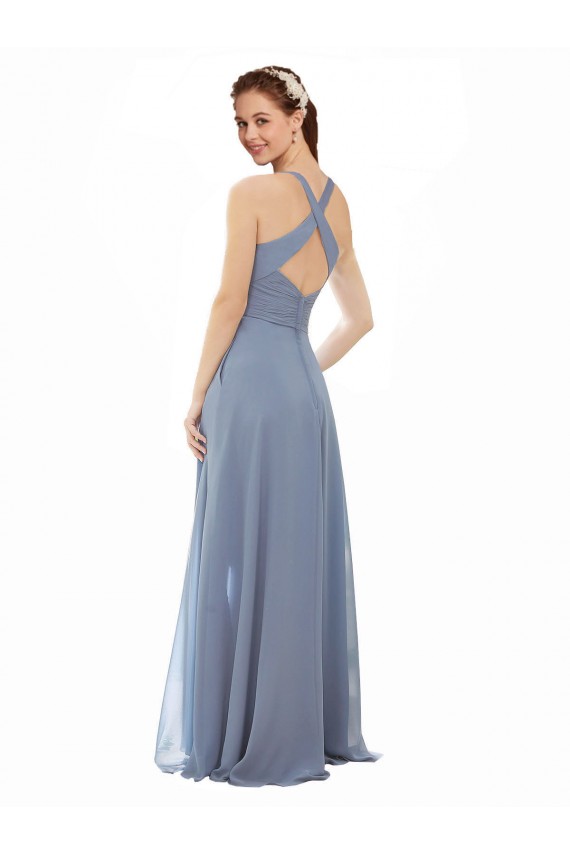 Soft Chiffon High Neck A-Line Dusty Blue Evening Dress / Bridal Party Dress Manchester