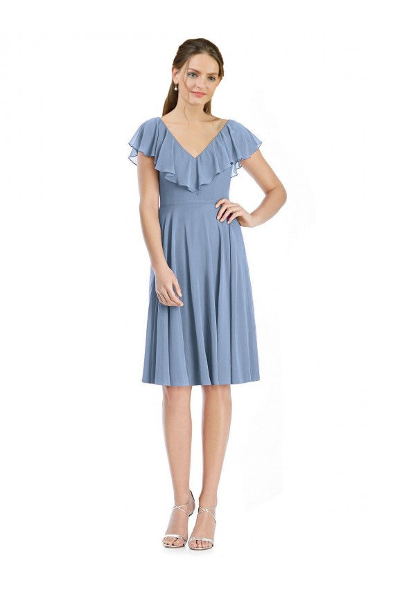 Soft Chiffon V-Neck Cocktail Length A-Line Dusty Blue Bridesmaid Dress Manchester