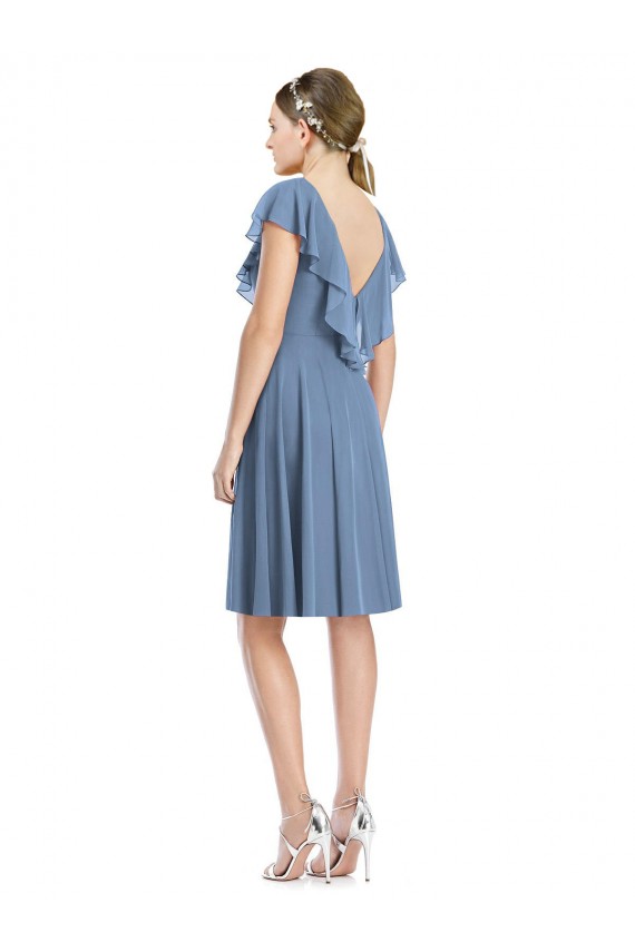 Soft Chiffon V-Neck Cocktail Length A-Line Dusty Blue Bridesmaid Dress Manchester