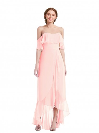 Soft Chiffon Off the Shoulder A-Line Pink High Low Bridesmaid Dress Manchester