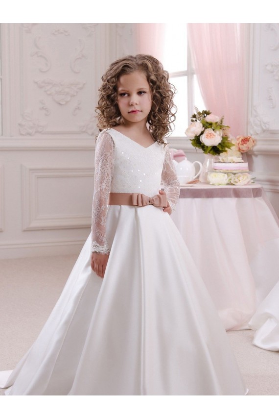 Satin & Lace V-Neck Ball Gown Ivory Flower Girl Dress Manchester