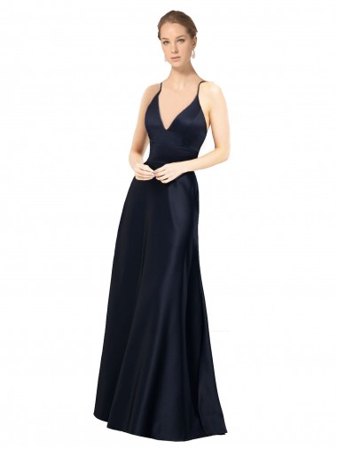 Satin V-Neck A-Line Dark Navy Prom Dress / Bridal Party Dress Manchester