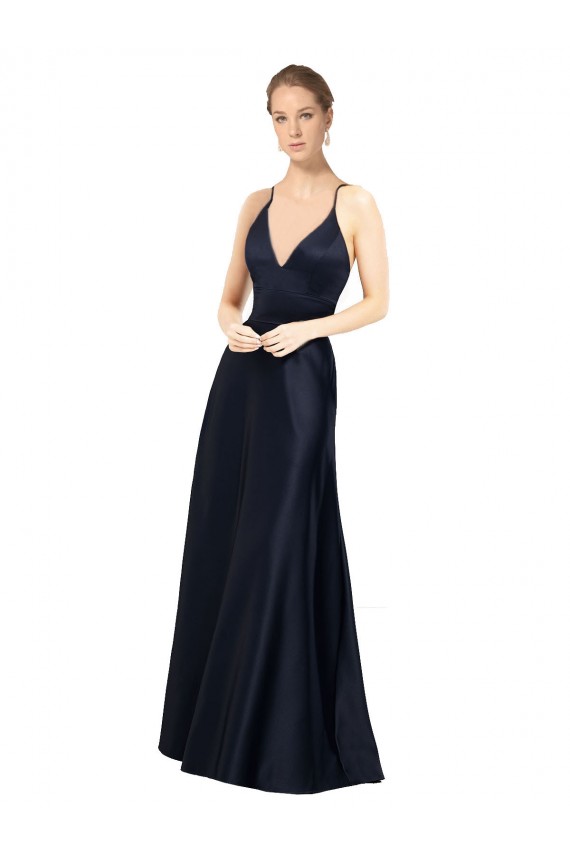 Satin V-Neck A-Line Dark Navy Prom Dress / Bridal Party Dress Manchester