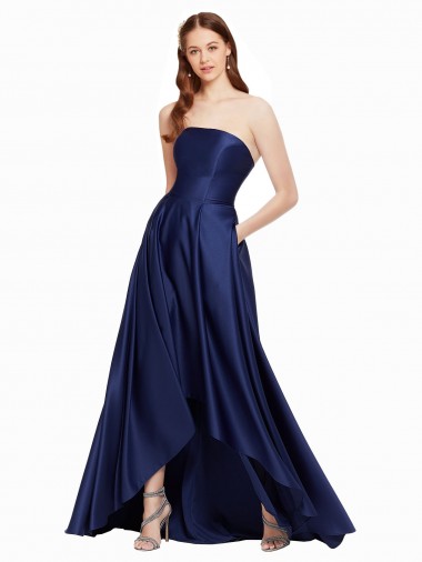 Satin Strapless Low Back A-Line Dark Navy High Low Evening Gown / Prom Dress / Bridesmaid Dress Manchester