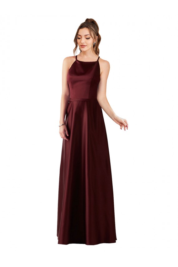 Satin Halter Neck A-Line Burgundy Gold Prom Dress / Bridesmaid Dress Manchester