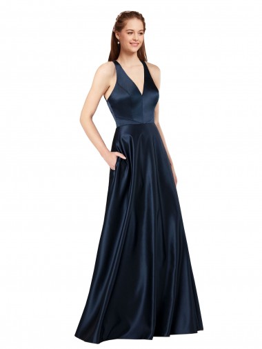 Satin V-Neck Keyhole Back A-Line Dark Navy Formal Evening Gown / Prom Dress / Bridesmaid Dress Manchester