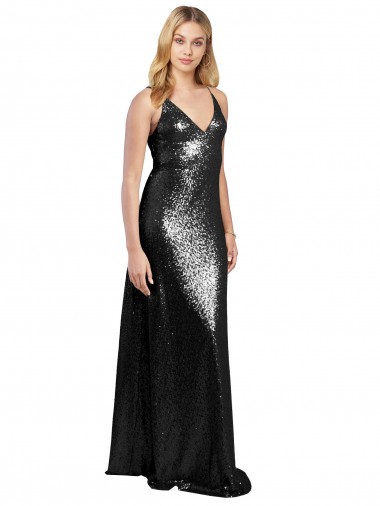 Sequin V-Neck V-Back A-Line Black Formal Evening Gown / Prom Dress / Bridesmaid Dress Manchester