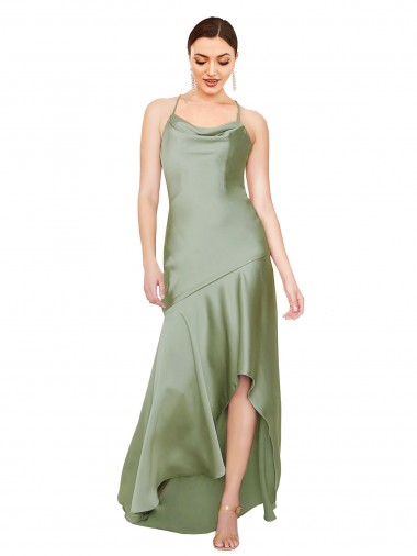 Silk like Satin Cowl Neck Open Back A-Line Smoke Green High Low Evening Gown / Prom Dress / Bridesmaid Dress Manchester