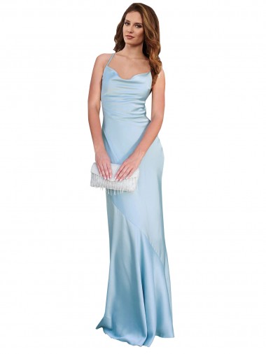 Silk like Satin Cowl Neck Open Back Sheath Light Sky Blue Formal Evening Gown / Prom Dress / Bridesmaid Dress Manchester