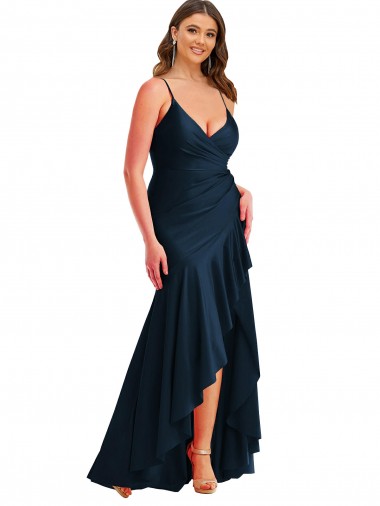 Silk like Satin Spaghetti Straps Mermaid Dark Navy High Low Plus Size Evening Gown / Prom Dress / Bridesmaid Dress Manchester