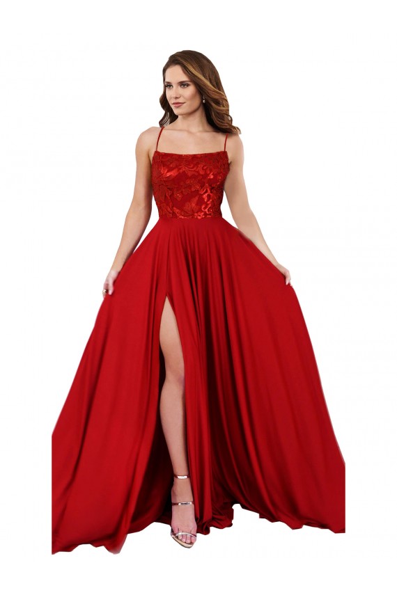 Spandex & Lace Square Neck Open Back A-Line Red Semi Formal Evening Dress / Prom Dress / Bridesmaid Dress Manchester