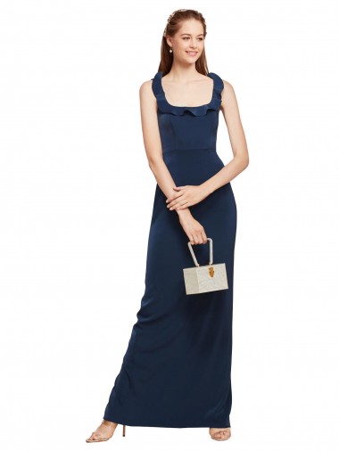 Stretch Crepe Scoop Neck Low Back Sheath Dark Navy Formal Evening Gown / Prom Dress / Bridesmaid Dress Manchester