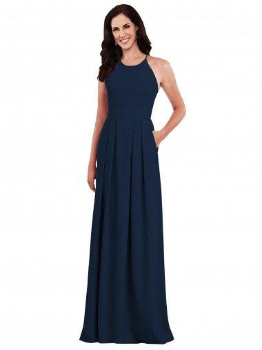 Stretch Crepe Halter Neck Open Back Trumpet Dark Navy Semi Formal Evening Dress / Bridesmaid Dress Manchester