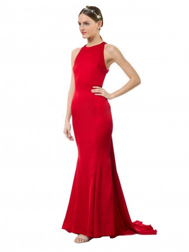 Stretch Crepe High Neck Open Back Mermaid Red Formal Evening Gown / Bridesmaid Dress Manchester