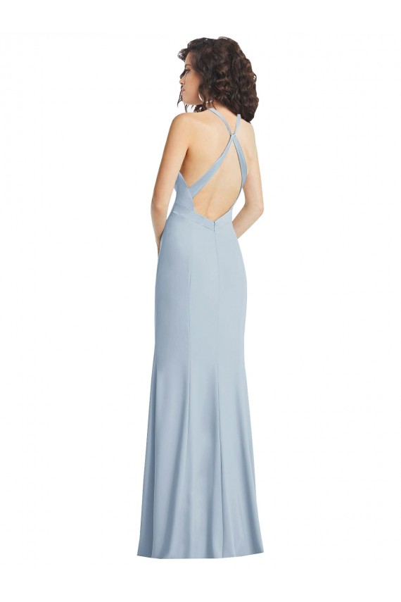 Stretch Crepe High Neck Open Back Trumpet Light Sky Blue Formal Evening Gown / Prom Dress / Bridesmaid Dress Manchester