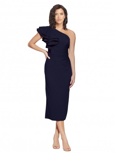 Stretch Crepe One Shoulder Midi Length Sheath Dark Navy Formal Evening Gown / Prom Dress / Bridesmaid Dress Manchester