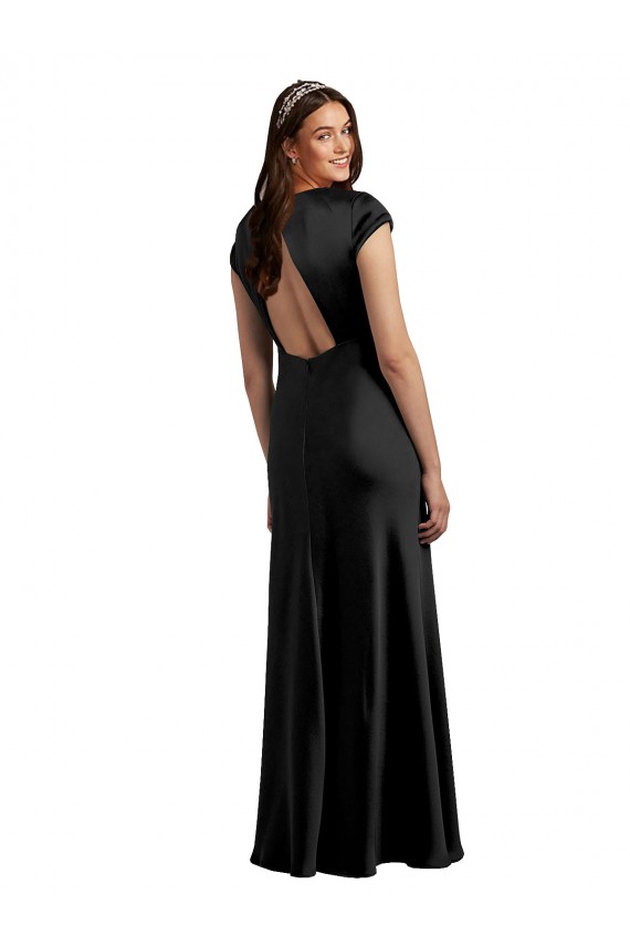 Stretch Satin V-Neck Keyhole Back A-Line Black Formal Evening Gown / Prom Dress / Bridesmaid Dress Manchester