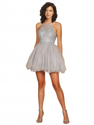 Tulle Halter Neck Open Back A-Line Silver Bridesmaid Dress Manchester