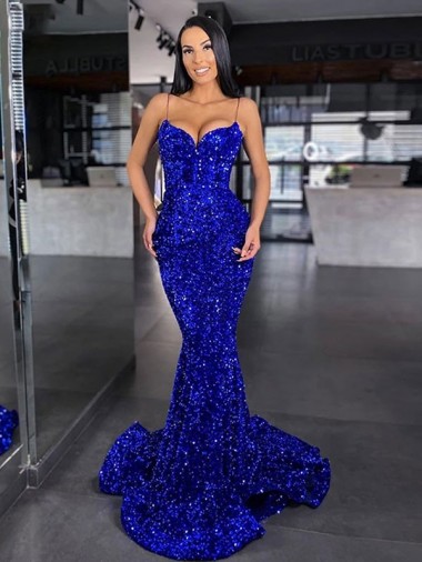 Velvet Sequin Spaghetti Straps Mermaid Royal Blue Evening Gown / Prom Dress Manchester