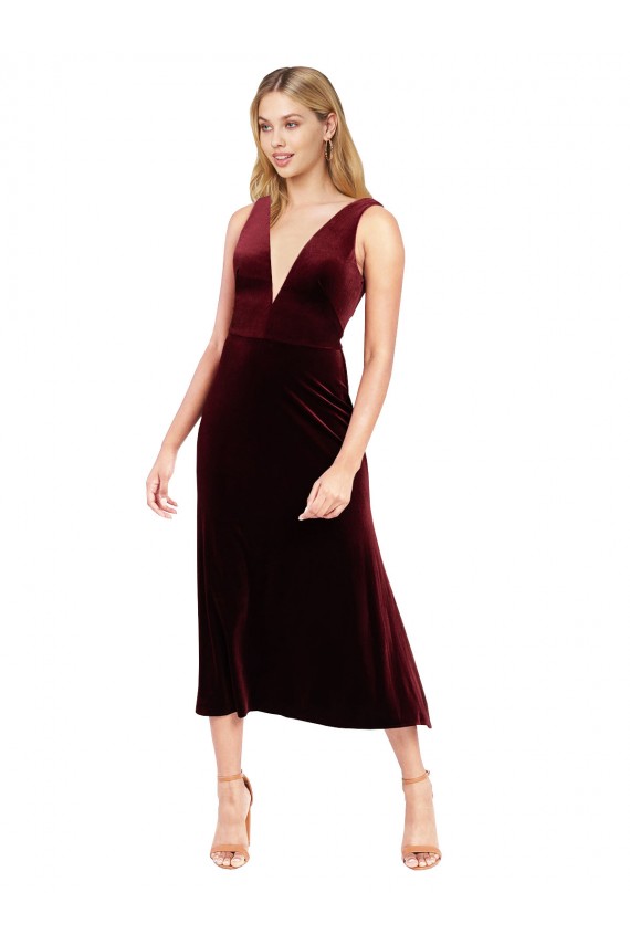 Stretch Velvet V-Neck V-Back A-Line Burgundy Prom Dress / Bridesmaid Dress Manchester