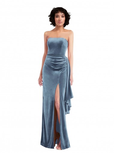 Stretch Velvet Strapless Low Back Sheath Dusty Blue Formal Evening Gown / Prom Dress / Bridesmaid Dress Manchester