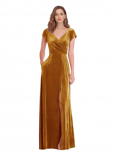 Stretch Velvet V-Neck Sheath Gold Formal Evening Gown / Prom Dress / Bridesmaid Dress Manchester